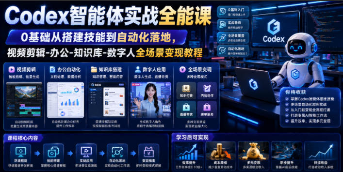 Codex智能体实战全能课|0基础从搭建技能到自动化落地,视频剪辑-办公-知识库-数字人全场景变现教程-西蒙学社