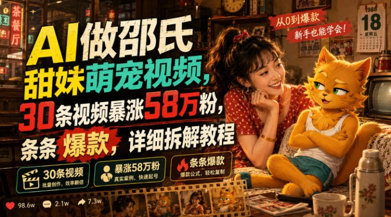 AI做邵氏甜妹萌宠视频,30条视频暴涨58万粉,条条爆款,详细拆解教程-西蒙学社