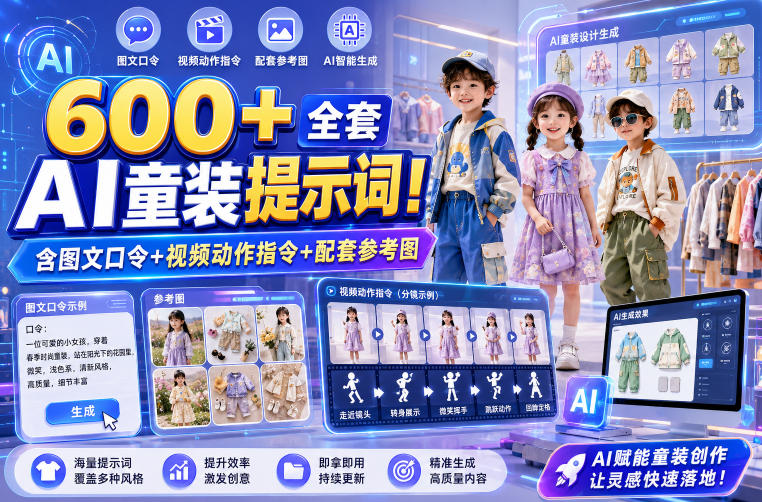 600+全套AI童装提示词!含图文口令+视频动作指令+配套参考图,Word-Excel规整分类,童装电商、种草无脑量产内容!-西蒙学社