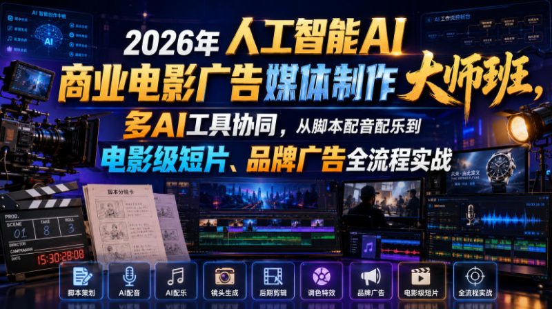 2026年人工智能AI商业电影广告媒体制作大师班,多AI工具协同,从脚本配音配乐到电影级短片、品牌广告全流程实战(中英字幕)-西蒙学社
