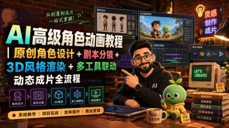 AI高级角色动画教程|原创角色设计+剧本分镜+3D风格渲染+多工具联动动态成片全流程【中英字幕】-西蒙学社