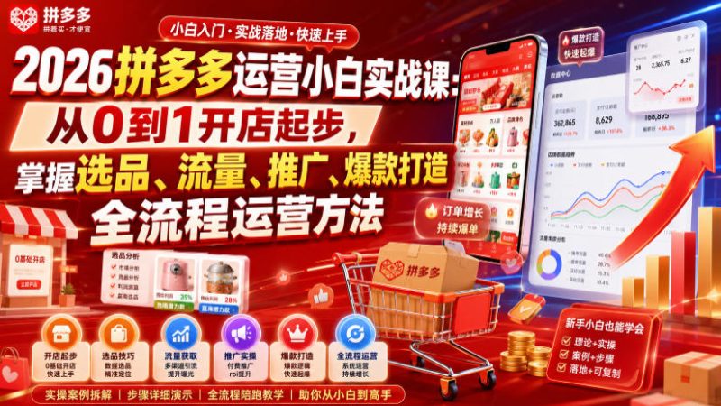 2026拼多多运营小白实战课:从0到1开店起步,掌握选品、流量、推广、爆款打造全流程运营方法-西蒙学社