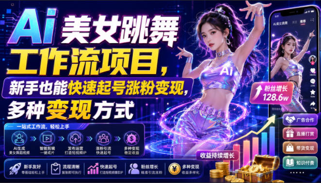 Ai美女跳舞工作流项目,新手也能快速起号涨粉变现,多种变现方式-西蒙学社