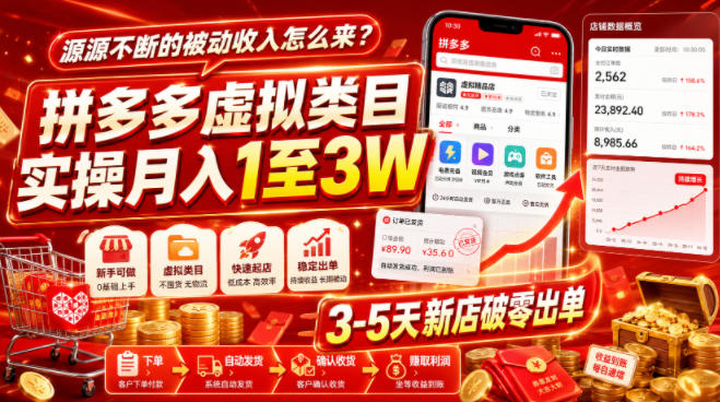 源源不断的被动收入怎么来?拼多多虚拟类目实操月入1至3W,3-5天新店破零出单-西蒙学社