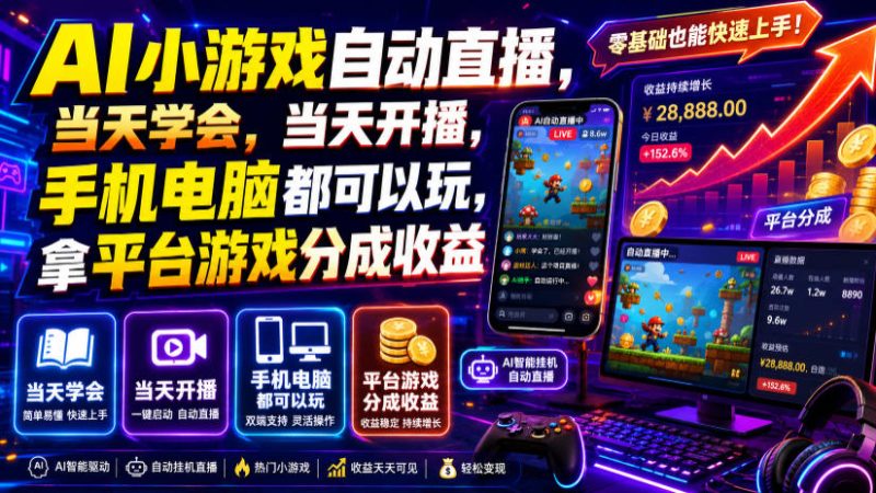 AI小游戏自动直播,当天学会,当天开播,手机电脑都可以玩,拿平台游戏分成收益-西蒙学社