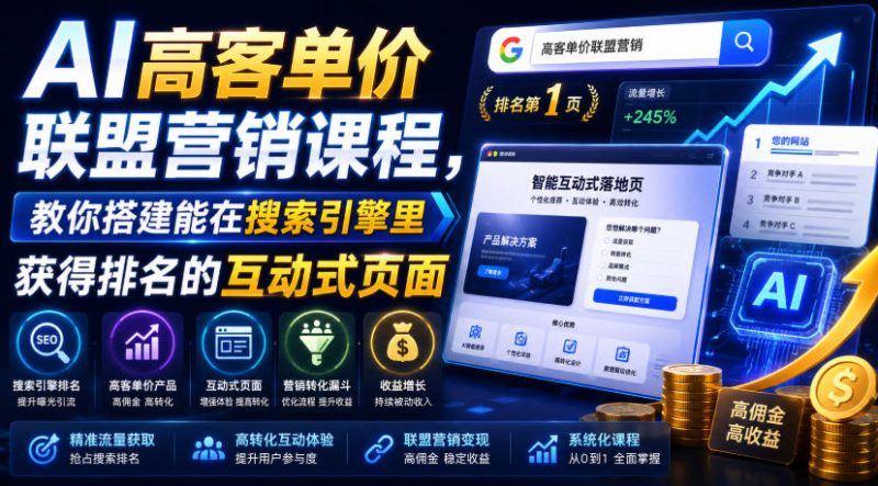 AI高客单价联盟营销课程,教你搭建能在搜索引擎里获得排名的互动式页面,引来流量,把访客转化为高佣金的成交【原创双语字幕】-西蒙学社