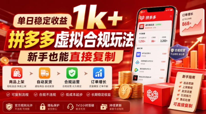 单日稳定收益1k+,拼多多虚拟合规玩法,新手也能直接复制【揭秘】-西蒙学社