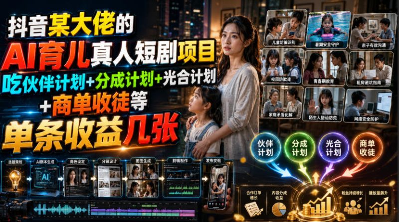 抖音某大佬的AI育儿真人短剧项目,吃伙伴计划+分成计划+光合计划+商单收徒等,单条收益几张-西蒙学社