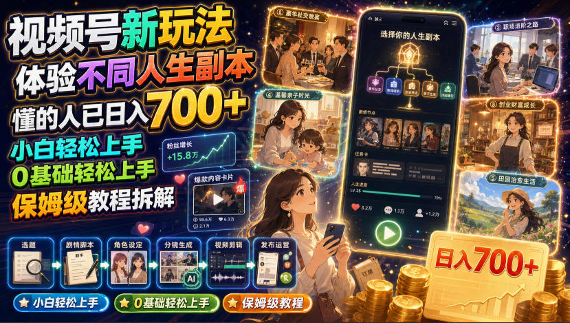 视频号新玩法体验不同人生副本，懂的人已日入700+，小白轻松上手，0基础轻松上手，保姆级教程拆解-西蒙学社