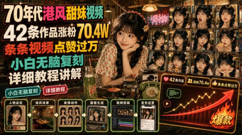 70年代港风甜妹视频,42条作品涨粉70.4W,条条视频点赞过万,小白无脑复刻,详细教程讲解-西蒙学社