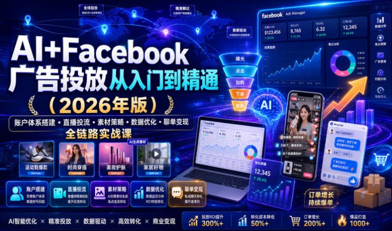 AI+Facebook广告投放从入门到精通（2026年版）｜账户体系搭建・直播投流・素材策略・数据优化・聊单变现全链路实战课-西蒙学社