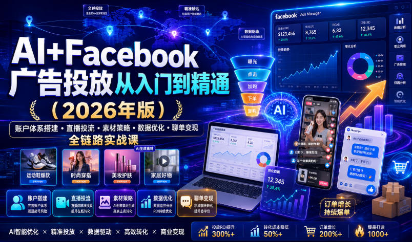 AI+Facebook广告投放从入门到精通（2026年版）｜账户体系搭建・直播投流・素材策略・数据优化・聊单变现全链路实战课-西蒙学社