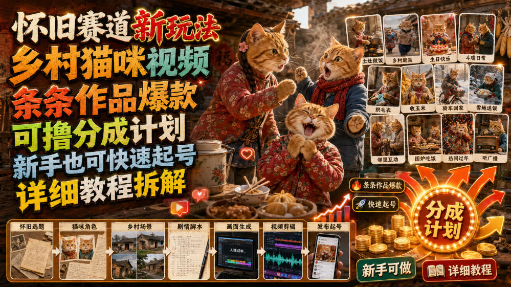 怀旧赛道新玩法，乡村猫咪视频，条条作品爆款，可撸分成计划，新手也可快速起号，详细教程拆解-西蒙学社