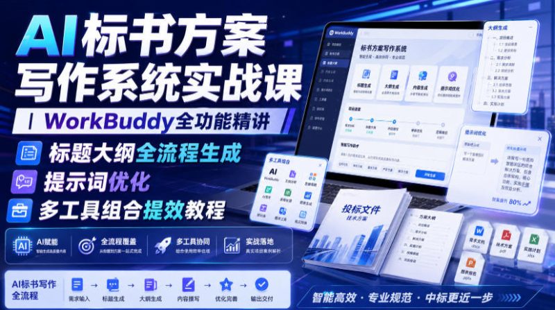 AI标书方案写作系统实战课｜WorkBuddy全功能精讲・标题大纲全流程生成・提示词优化・多工具组合提效教程-西蒙学社