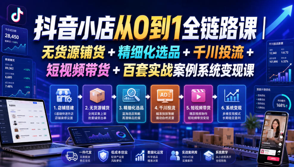 抖音小店从0到1全链路课｜无货源铺货+精细化选品+千川投流+短视频带货+百套实战案例系统变现课（2026年7月更新）-西蒙学社