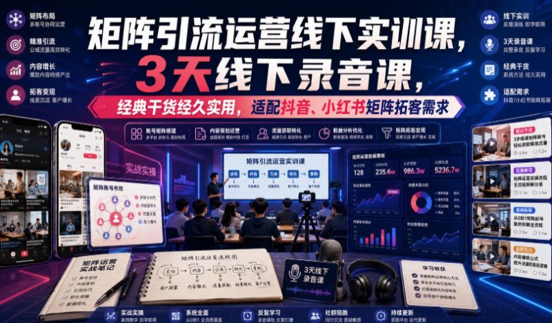 嗨推矩阵引流运营线下实训课，3天线下录音课，经典干货经久实用，适配抖音、小红书矩阵拓客需求-西蒙学社