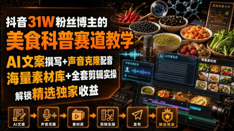 抖音31W粉丝博主的美食科普赛道教学，AI文案撰写+声音克隆配音+剪辑实操，解锁精选独家收益-西蒙学社