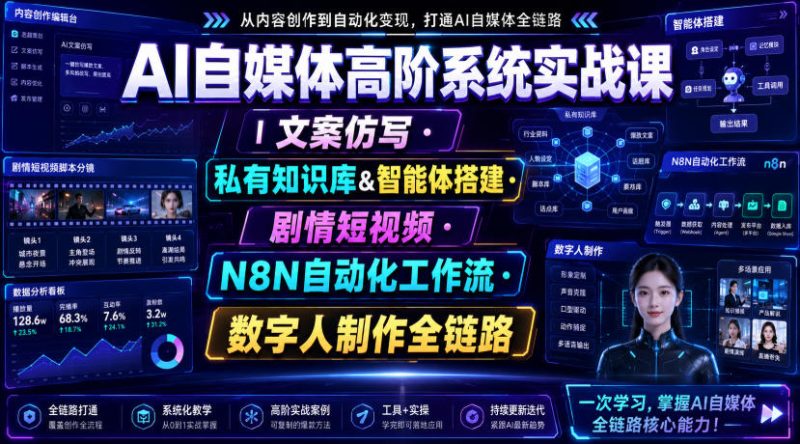 AI自媒体高阶系统实战课|文案仿写・私有知识库&智能体搭建・剧情短视频・N8N自动化工作流・数字人制作全链路-西蒙学社