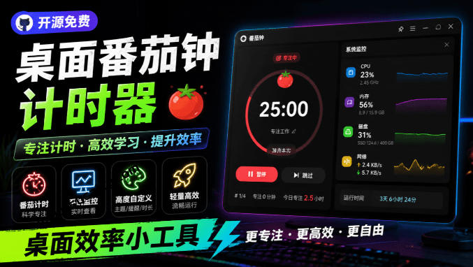仅1.16MB，开源极简的桌面时钟、番茄钟计时器，还支持系统监控显示，桌面效率小工具Catime-西蒙学社