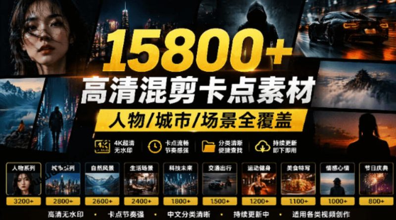 【影视剪辑素材合集】15800+高清混剪卡点｜热门影视精彩片段｜人物/城市/场景全覆盖，中文分类清晰-西蒙学社
