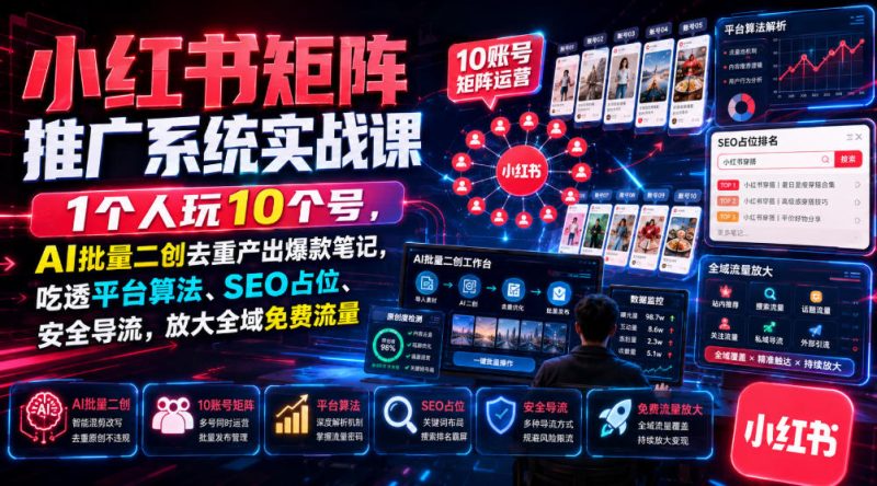 小红书矩阵推广系统实战课｜1个人玩10个号，AI批量二创去重产出爆款笔记，吃透平台算法、SEO占位、安全导流，放大全域免费流量-西蒙学社