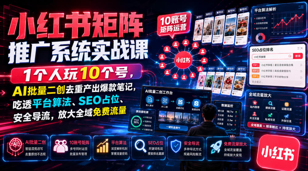 小红书矩阵推广系统实战课｜1个人玩10个号，AI批量二创去重产出爆款笔记，吃透平台算法、SEO占位、安全导流，放大全域免费流量-西蒙学社
