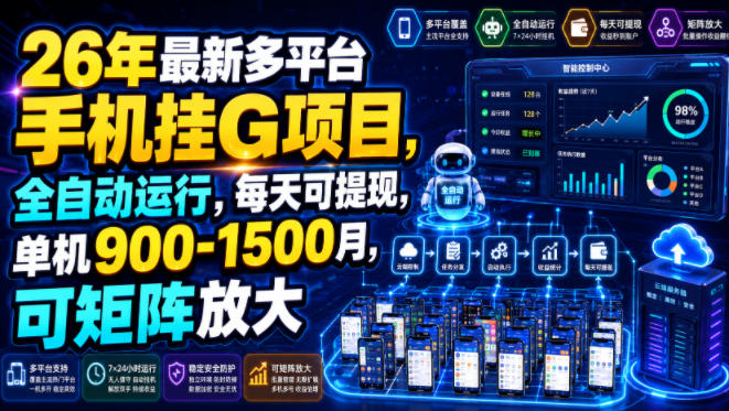 26年最新多平台手机挂G项目，全自动运行，每天可提现，单机900-1500月，可矩阵放大【揭秘】-西蒙学社