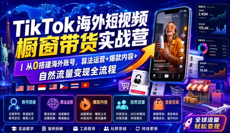 TikTok海外短视频橱窗带货实战营｜从0搭建海外账号，算法运营+爆款内容+自然流量变现全流程-西蒙学社