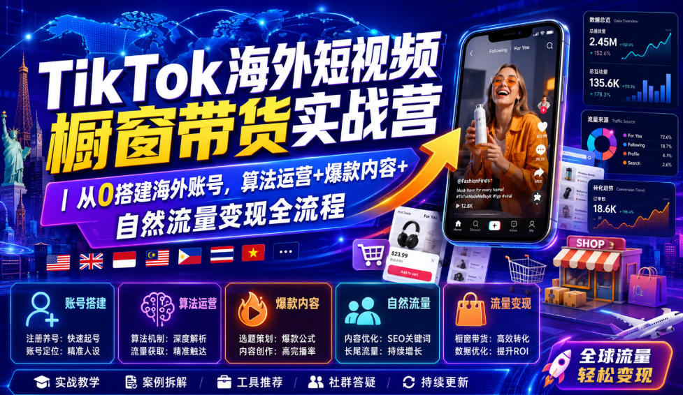 TikTok海外短视频橱窗带货实战营｜从0搭建海外账号，算法运营+爆款内容+自然流量变现全流程-西蒙学社