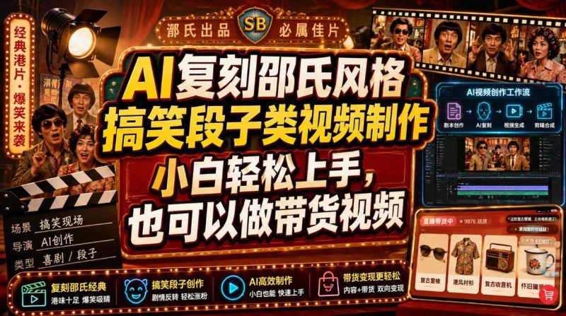 AI复刻邵氏风格搞笑段子类视频制作，小白轻松上手，也可以做带货视频-西蒙学社