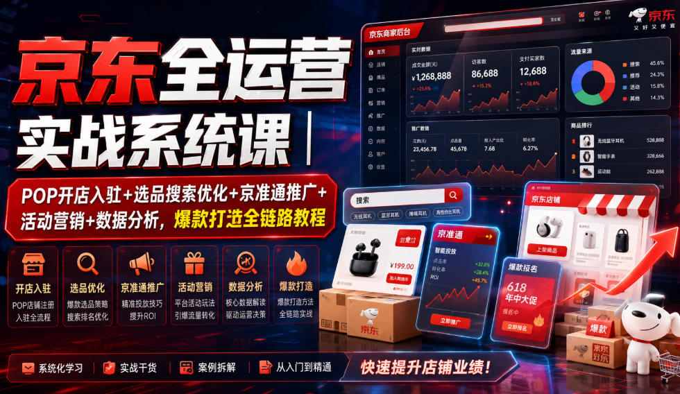 京东全运营实战系统课｜POP开店入驻+选品搜索优化+京准通推广+活动营销+数据分析，爆款打造全链路教程-西蒙学社