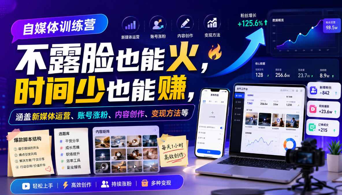 自媒体训练营，不露脸也能火，时间少也能賺，涵盖新媒体运营、账号涨粉、内容创作、变现方法等-西蒙学社