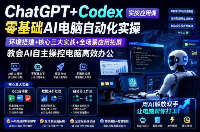 ChatGPT+Codex实战应用课｜零基础AI电脑自动化实操，环境搭建+核心三大实战+全场景应用拓展，教会AI自主操控电脑高效办公-西蒙学社