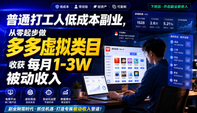 普通打工人低成本副业，从零起步做多多虚拟类目，收获每月1-3W被动收入【揭秘】-西蒙学社