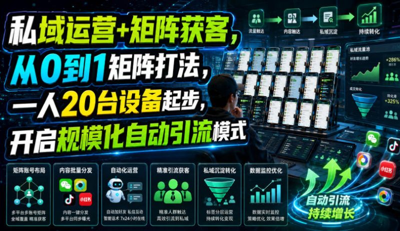 私域运营+矩阵获客,从0到1矩阵打法,一人20台设备起步,开启规模化自动引流模式!-西蒙学社