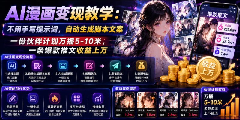 AI漫画变现教学:不用手写提示词,自动生成脚本文案,一份伙伴计划万播5-10米,一条爆款推文收益上W-西蒙学社