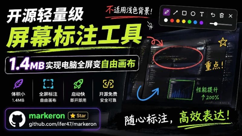 开源轻量级屏幕标注工具,1.4MB实现电脑全屏变自由画布!支持8种标注工具和全键盘操控MarkerOn-西蒙学社