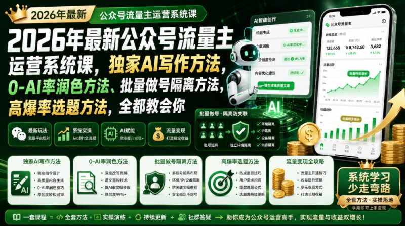2026年最新公众号流量主运营系统课,独家AI写作方法,0-AI率润色方法、批量做号隔离方法、高爆率选题方法,全都教会你-西蒙学社