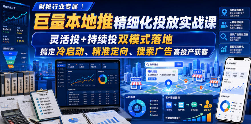 财税行业专属｜巨量本地推精细化投放实战课，灵活投+持续投双模式落地，搞定冷启动、精准定向、搜索广告高投产获客-西蒙学社