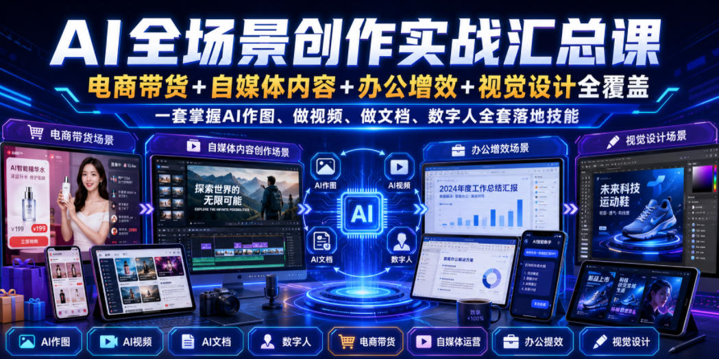 AI全场景创作实战汇总课｜电商带货+自媒体内容+办公增效+视觉设计全覆盖，一套掌握AI作图、做视频、做文档、数字人全套落地技能-西蒙学社