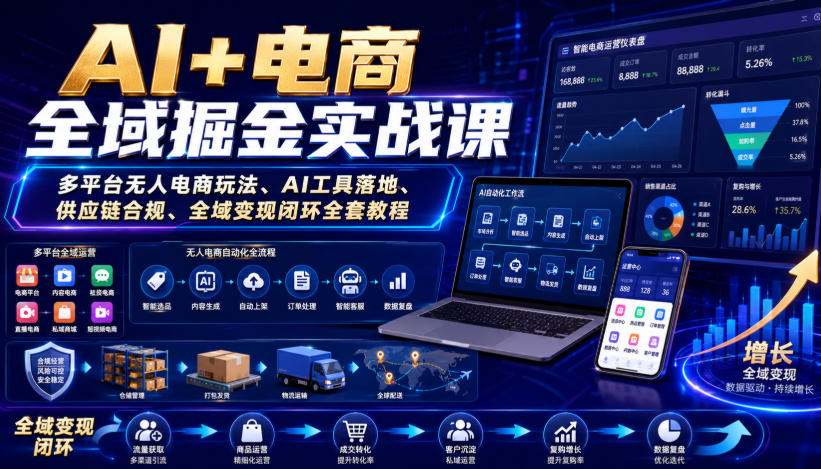 AI+电商全域掘金实战课｜多平台无人电商玩法、AI工具落地、供应链合规、全域变现闭环全套教程-西蒙学社