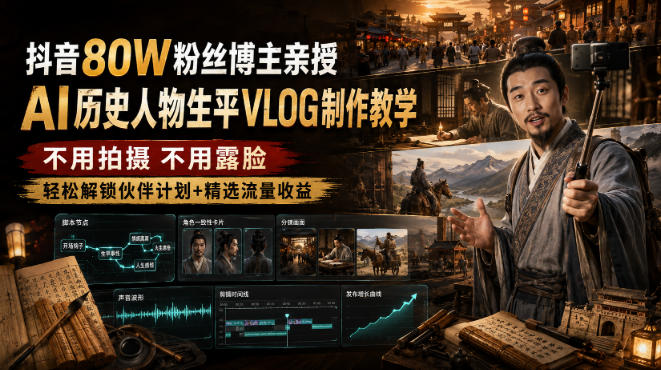 抖音80W粉丝博主的AI历史人物生平VLOG教学，不用拍摄不用露脸，AI帮你搞定，轻松解锁伙伴计划+精选收益-西蒙学社