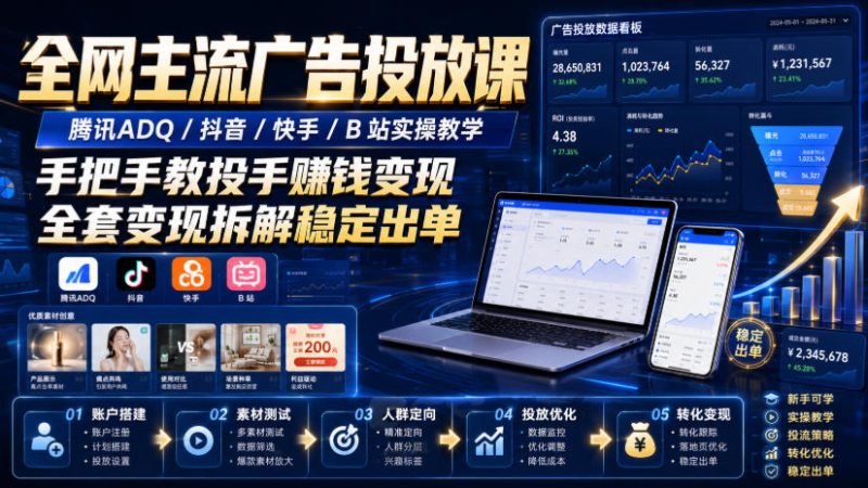 全网主流广告投放课，腾讯ADQ / 抖音 / 快手 / B 站实操教学，手把手教投手赚钱变现，全套变现拆解稳定出单-西蒙学社