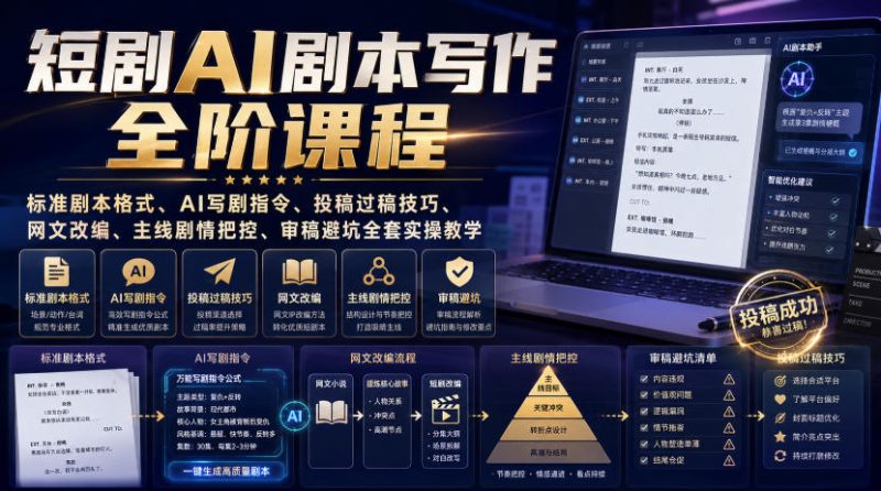 短剧AI剧本写作全阶课程｜标准剧本格式、AI写剧指令、投稿过稿技巧、网文改编、主线剧情把控、审稿避坑全套实操教学-西蒙学社