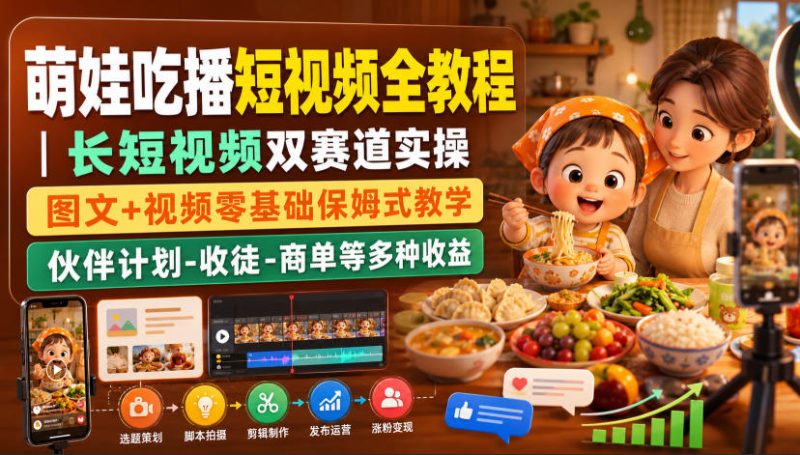 萌娃吃播短视频全教程|长短视频双赛道实操,图文+视频零基础保姆式教学,伙伴计划-收徒-商单等多种变现方式-西蒙学社