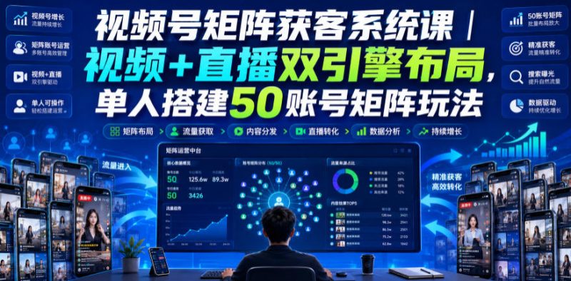 视频号矩阵获客系统课|视频+直播双引擎布局,单人搭建50账号矩阵玩法,流量入池、搜索占位、全域引流沉淀私域全流程教学-西蒙学社