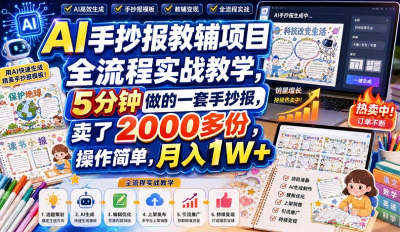 AI手抄报教辅项目全流程实战教学，5分钟做的一套手抄报，卖了2000多份，操作简单，月入1W+-西蒙学社