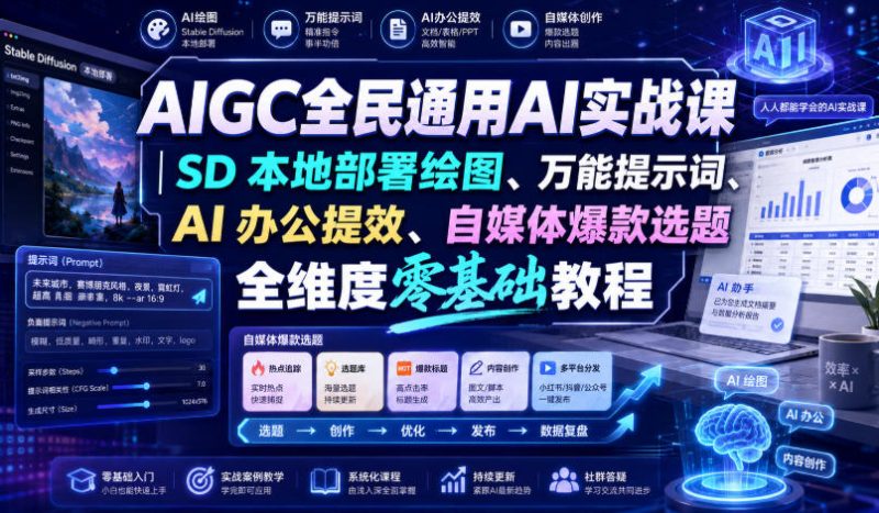 AIGC全民通用AI实战课|SD本地部署绘图、万能提示词、AI办公提效、自媒体爆款选题全维度零基础教程-西蒙学社