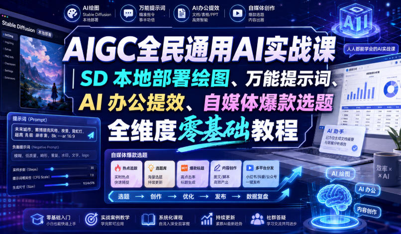 AIGC全民通用AI实战课｜SD本地部署绘图、万能提示词、AI办公提效、自媒体爆款选题全维度零基础教程-西蒙学社