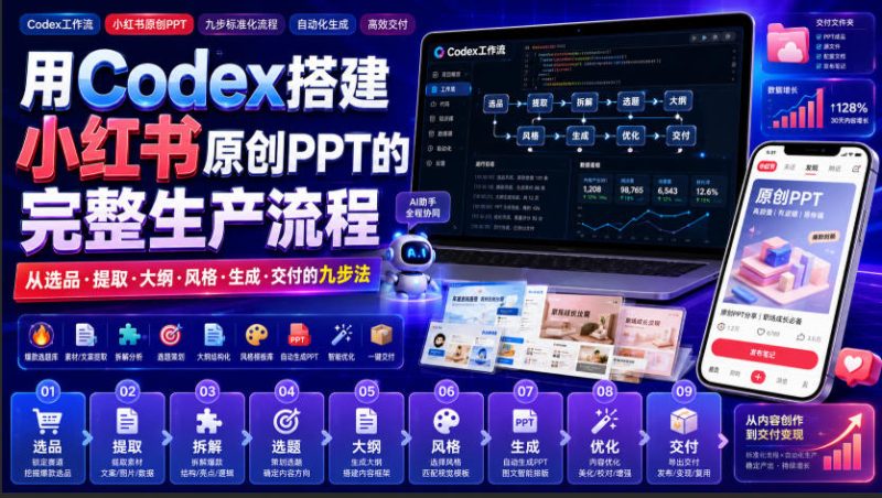 用Codex搭建小红书原创PPT的完整生产流程,从选品·提取·大纲·风格·生成·交付的九步法-西蒙学社